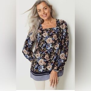 J Jill Dark Floral Cottagecore Square Neck Long Sleeve Blouse